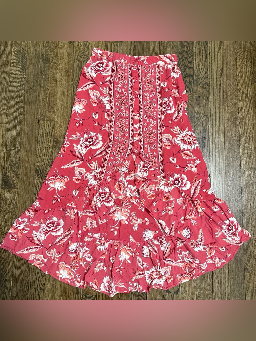 Angie Pink Floral Western Boho Southwest Cottagecore High Low Ruffle Skirt M